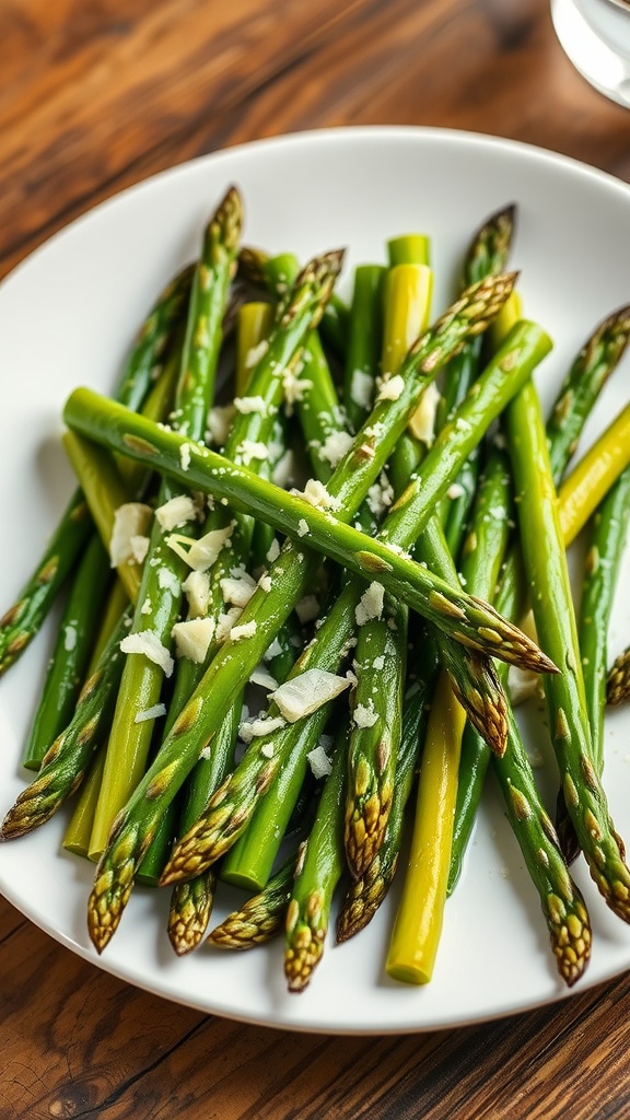 A delicious serving of garlic butter asparagus garnished with Parmesan cheese on a rustic plate.